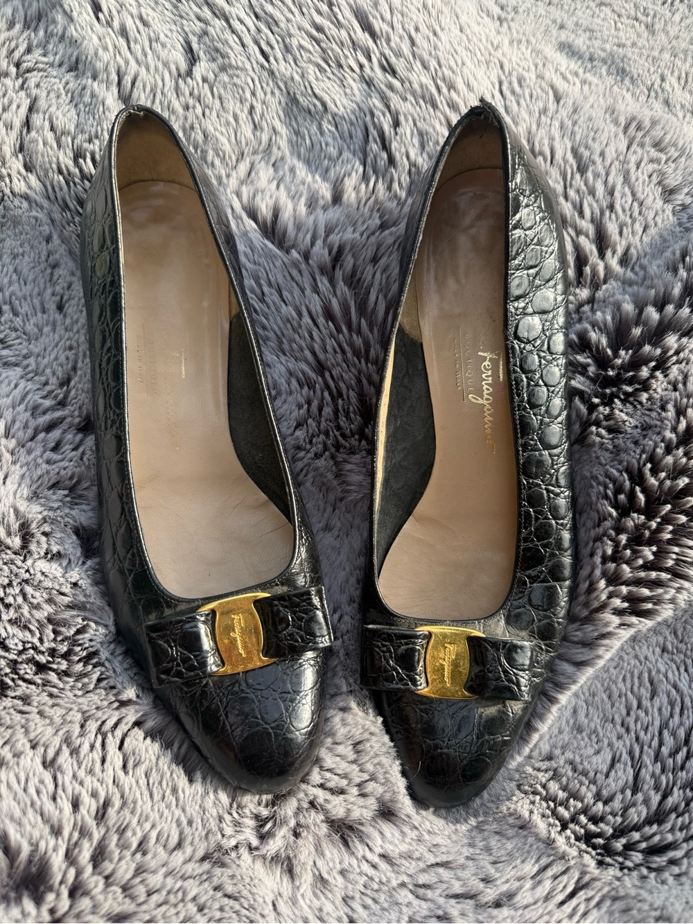 Salvatore Ferragamo Black Croc-Embossed Vara Bow Flats with Gold Hardware